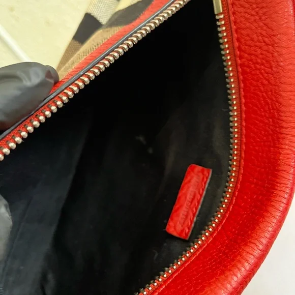 Burberry Red Leather Trim Plaid Crossbody Bag - Picture 4 of 12